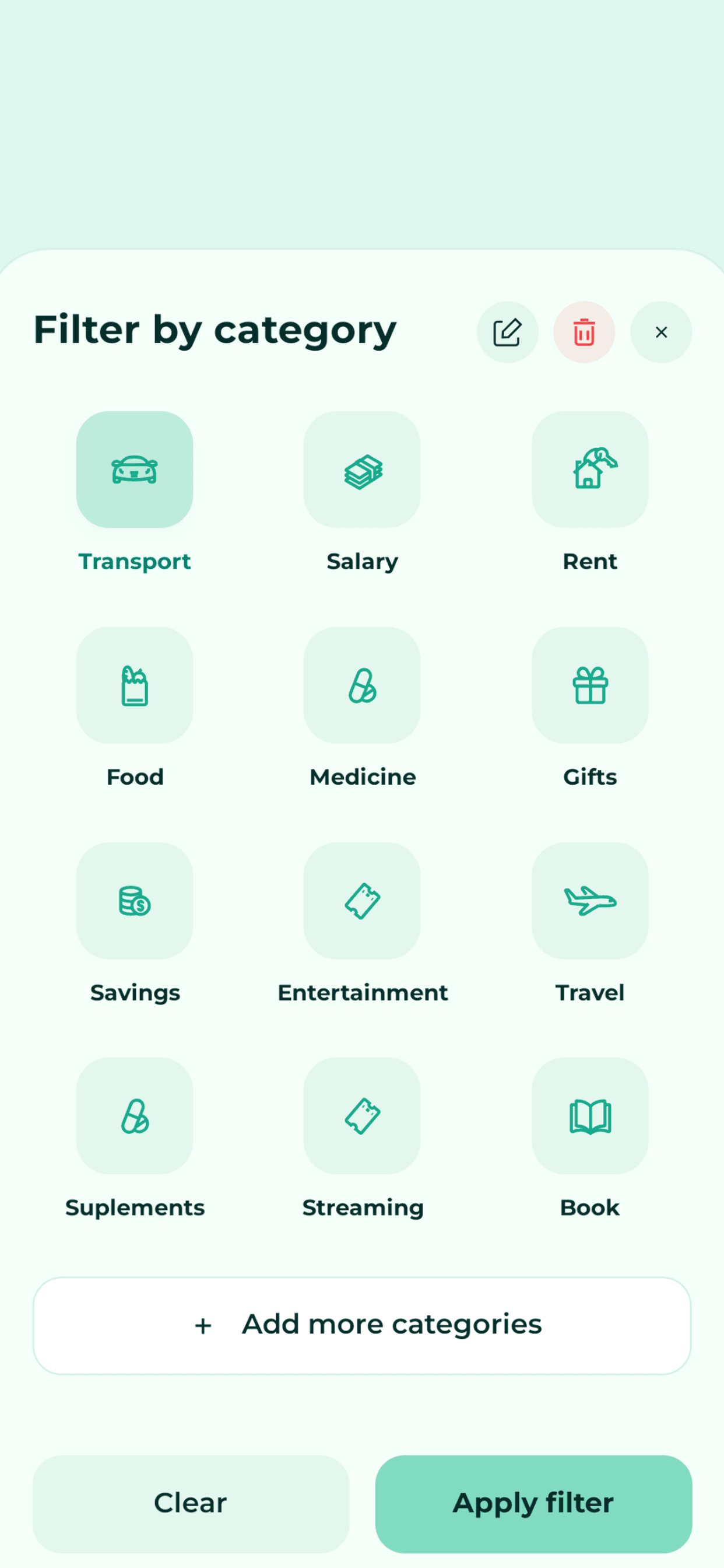 Welmio Filter by Category screen