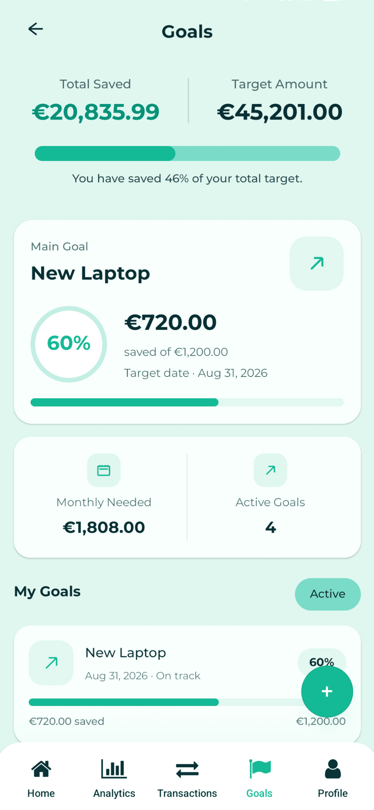 Welmio Goals screen