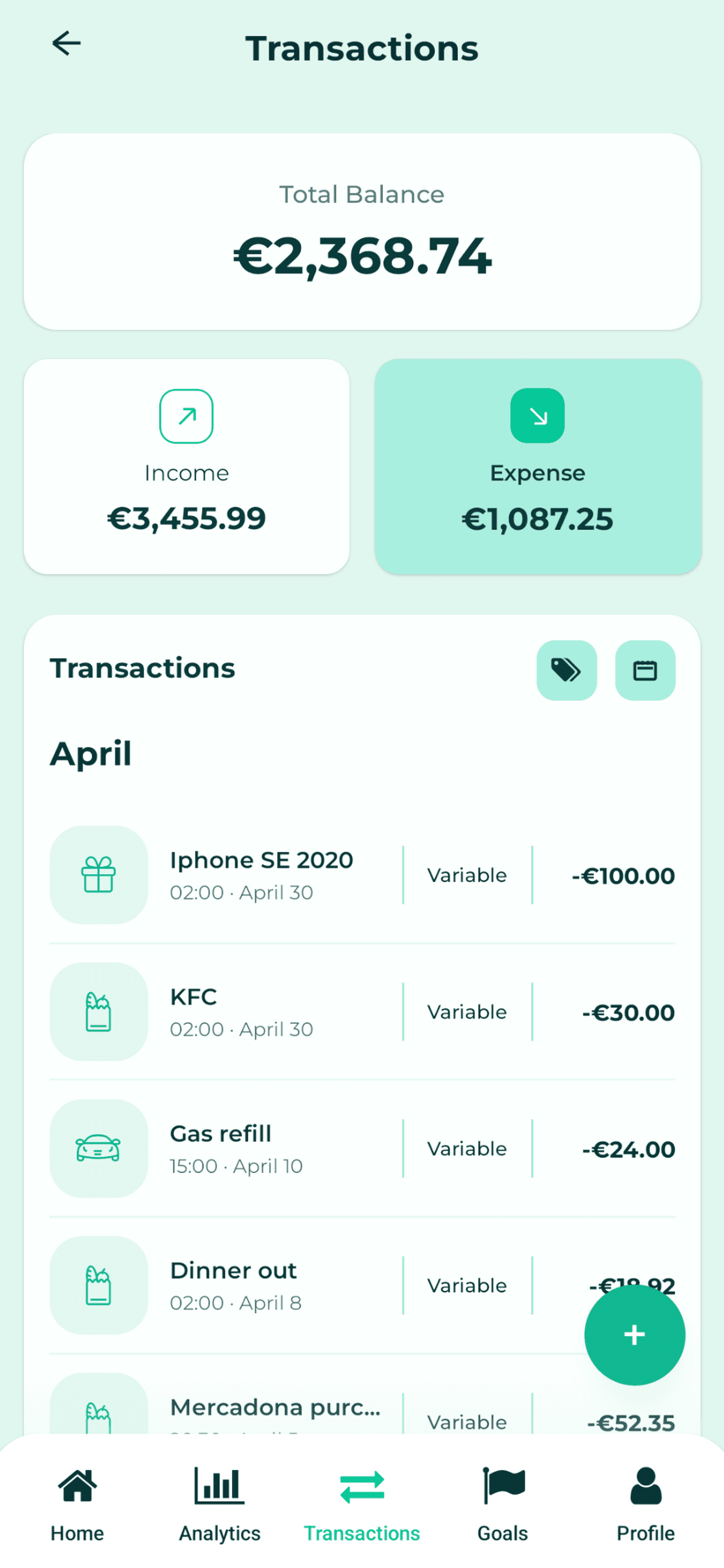Welmio Transactions screen