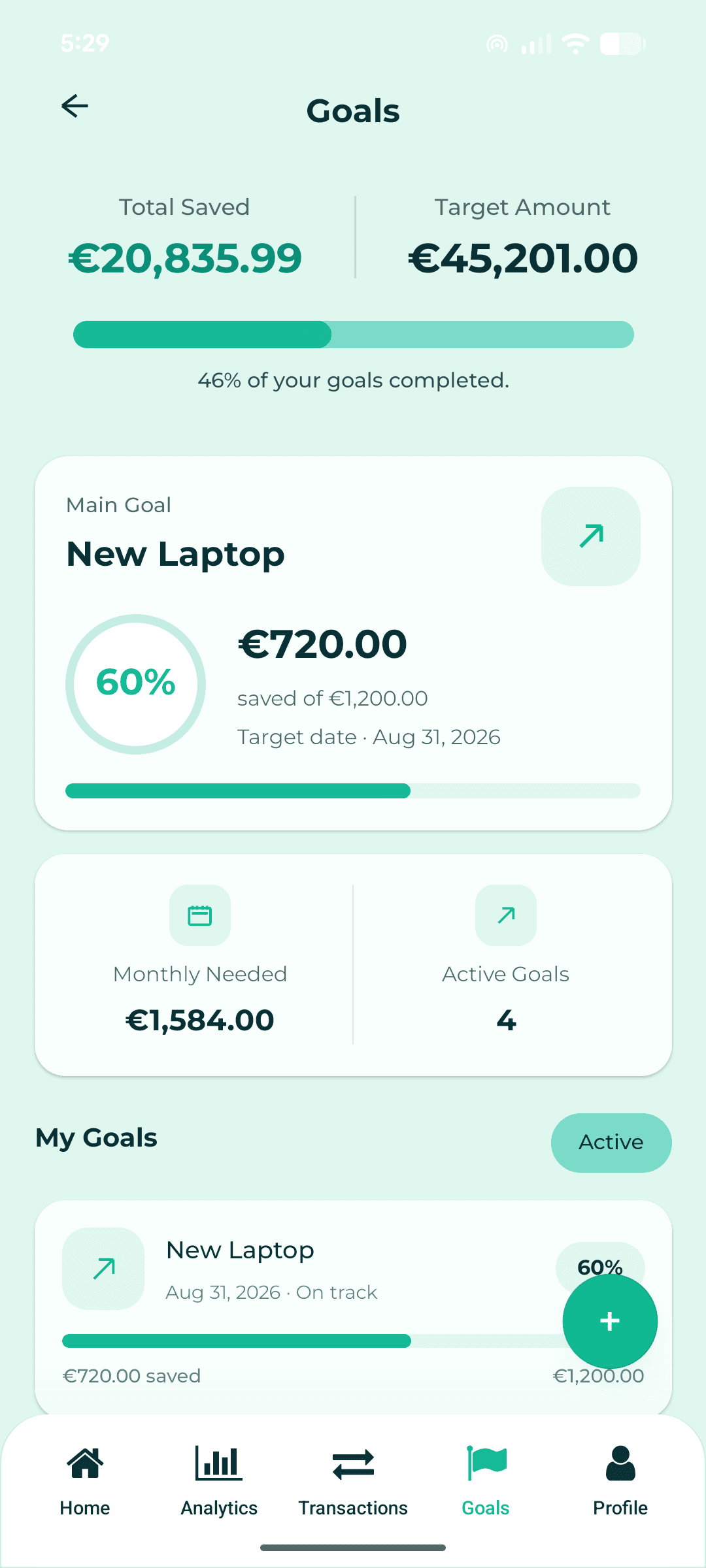 Welmio Goals screen