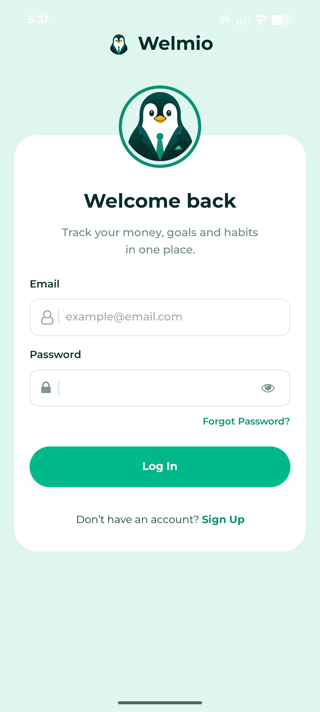 Welmio Login screen