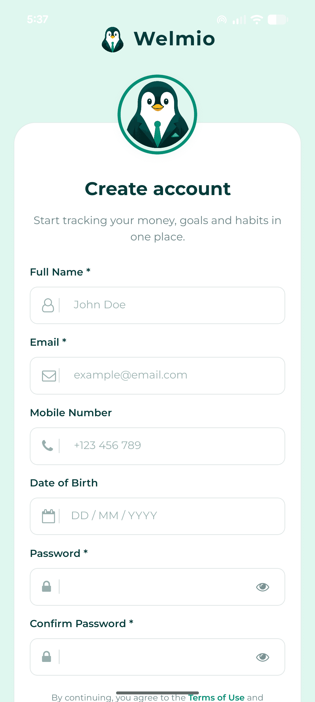 Welmio Signup screen
