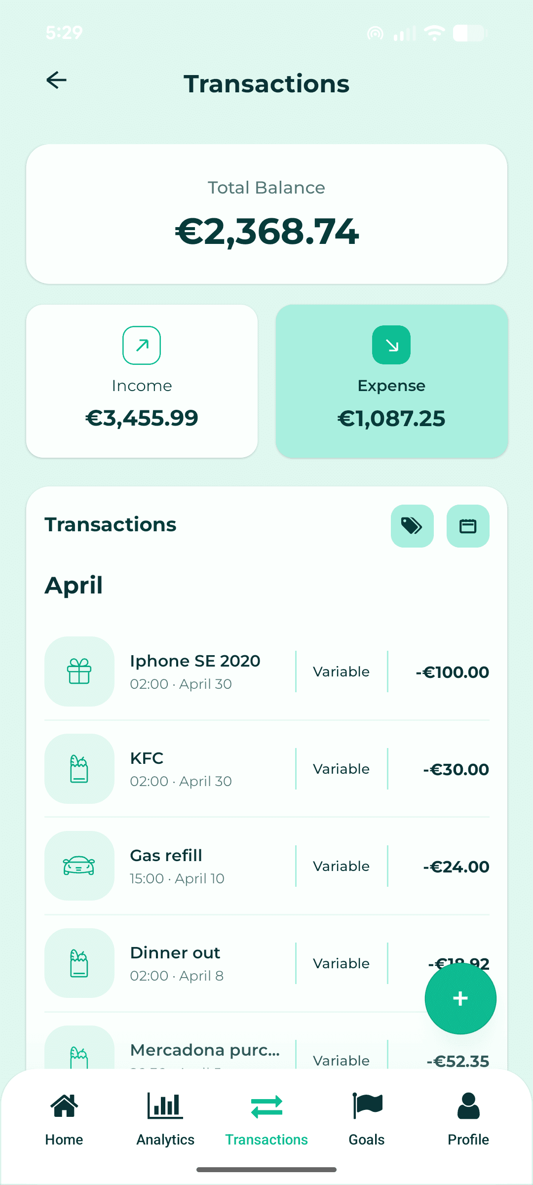 Welmio Transactions screen
