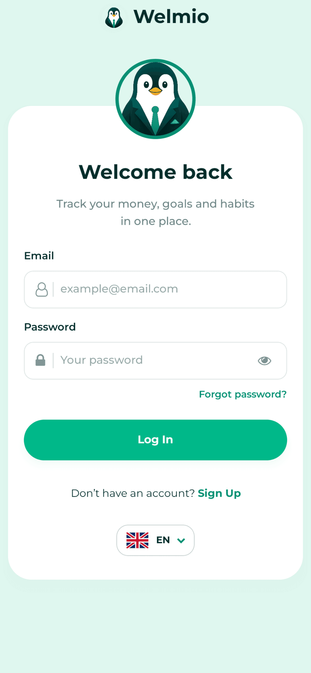 Welmio Login screen